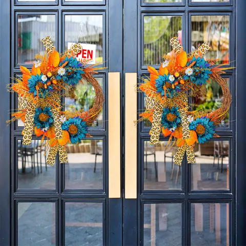 Blue Sunflower Artificial Wreath with Leopard Ribbon Autumn Maple Leaves for Front Door Wall Hanging Home Decor