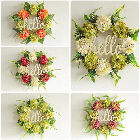 Artificial Hydrangea Floral Wreath Hello Wooden Plaque Front Door Hanger For Wall Window Wedding Home Party Garden Decoration