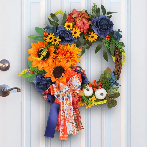 Artificial Blue Sunflower Wreath Autumn Door Hanging Orange Flower Wreath With White Pumpkin Berry Ribbon Thanksgiving Decor