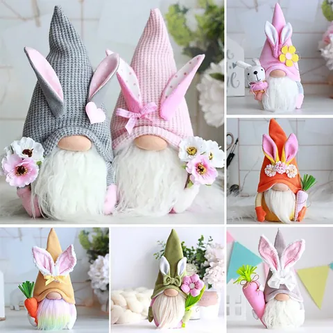 Easter Gnome Bunny Plush Doll Handmade Faceless Dwarf Ornament With Rabbit Ears Holding Carrot Flower Festive Tabletop Decor Gift