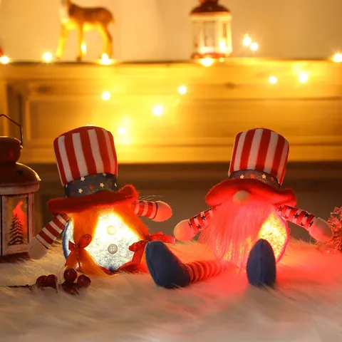 Patriotic Independence Day Gnome Plush Decorations LED Glowing Stars And Stripes Elf Figurine American Festival Home Ornaments Gift