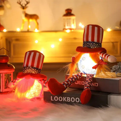 Patriotic Independence Day Gnome Plush Decorations LED Glowing Stars And Stripes Elf Figurine American Festival Home Ornaments Gift