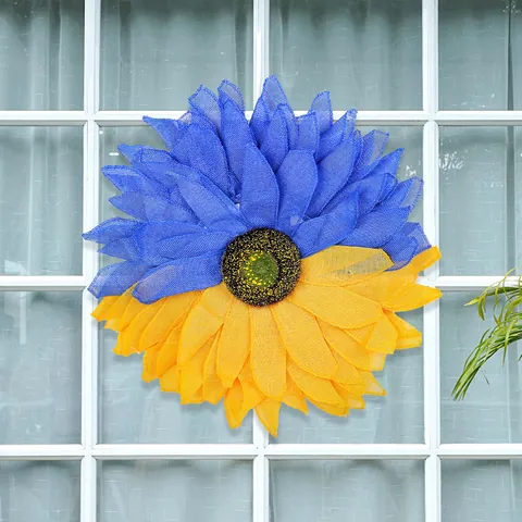 Couronne de Tournesol Décoration de Porte d'Entrée Bleu Jaune Maille Toile de Jute Drapeau de l'Ukraine Couleur Guirlande de Fleurs Pour Maison Extérieur Ornement Suspendu