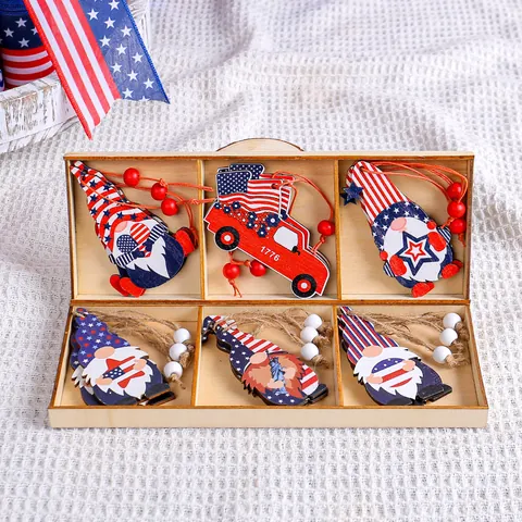 Patriotic Wooden Gnome Truck Hanging Ornaments With Box Red White Blue Star Stripes 1776 July 4th Independence Day Decoration