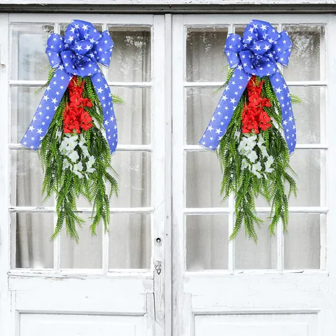 Patriotic Wreath American Independence Day Decoration Red White Blue Star Bow Artificial Flower Green Fern Leaf Hanging Swag