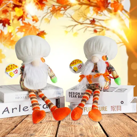 Nordischer Chef Wichtel Puppe Mit Langen Beinen Sitzend Weißer Hut Ornament Herbst Ernte Kürbis Ahornblatt Weihnachtsdekor