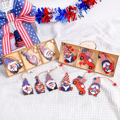 Patriotic Wooden Gnome Truck Hanging Ornaments With Box Red White Blue Star Stripes 1776 July 4th Independence Day Decoration