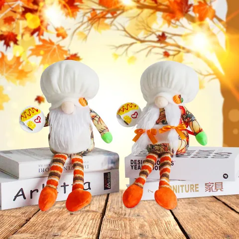 Nordischer Chef Wichtel Puppe Mit Langen Beinen Sitzend Weißer Hut Ornament Herbst Ernte Kürbis Ahornblatt Weihnachtsdekor