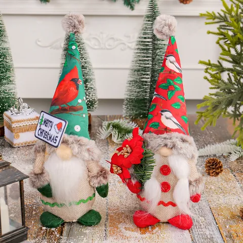 Standing Christmas Faceless Gnome Plush Doll With Bird Printed High Hat Burlap Gonk Elf Figurine For Home Holiday Window Decor