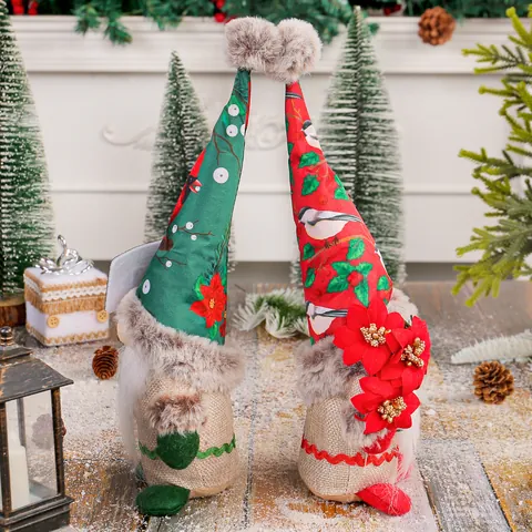 Standing Christmas Faceless Gnome Plush Doll With Bird Printed High Hat Burlap Gonk Elf Figurine For Home Holiday Window Decor