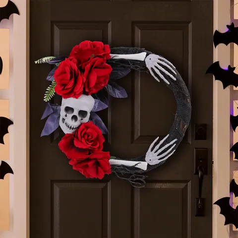 Halloween Skull Wreath with Red Roses and Skeleton Hands Gothic Horror Front Door Hanging Decoration For Party Home Props