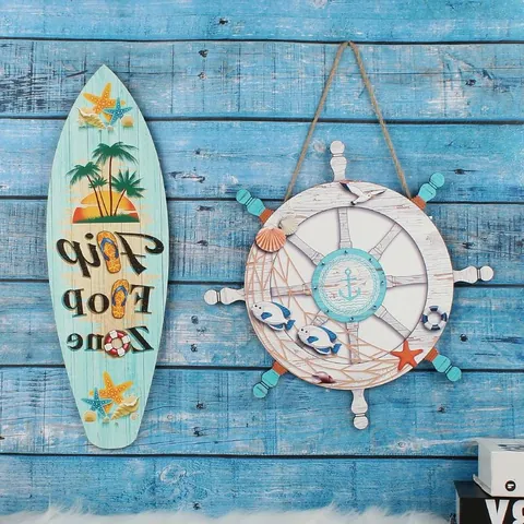 Decoración de Pared de Madera Estilo Mediterráneo Tabla de Surf Timón Adorno Náutico de Playa para Casa Bar