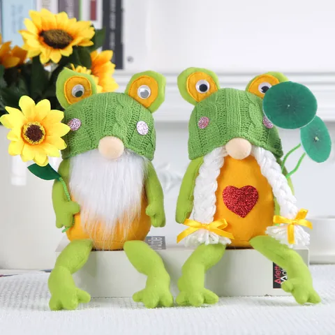 Cute Frog Gnome Rudolph Plush Doll Knitted Green Frog Hat Faceless Gnome Tabletop Figurine Decor For Home Office Desktop Ornament