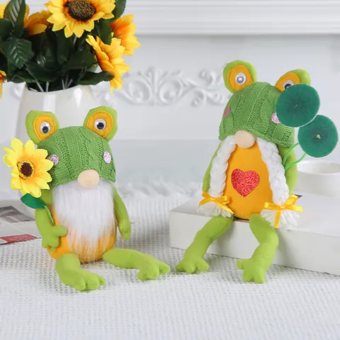 Cute Frog Gnome Rudolph Plush Doll Knitted Green Frog Hat Faceless Gnome Tabletop Figurine Decor For Home Office Desktop Ornament