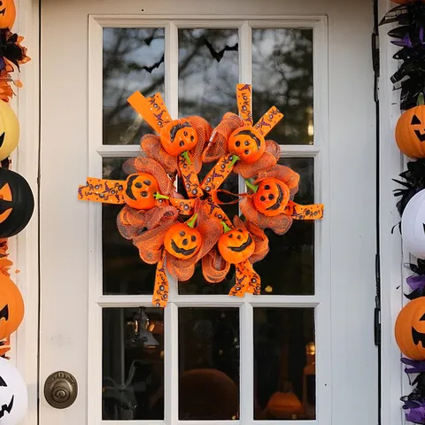 Halloween Pumpkin Wreath Orange Mesh Ribbon Garland With Jack-O-Lantern Faces For Front Door Home Party Decoration Spooky Wall Ornament