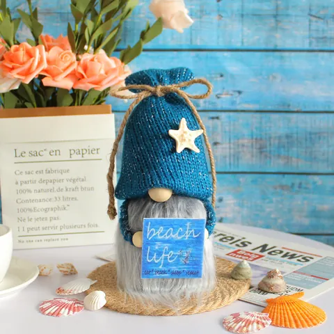 Ocean Festival Rudolf Gnome Doll With Knitted Hat Starfish Decor Wood Beach Life Sign Faceless Dwarf Desktop Ornament
