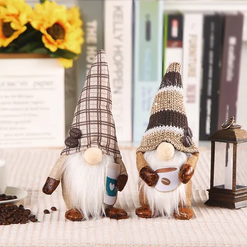 Coffee Gnomes Plush Set Faceless Rudolph Doll Gingham Striped Hat Stuffed Tomte Swedish Gnome Cafe Home Decor Tabletop Ornaments