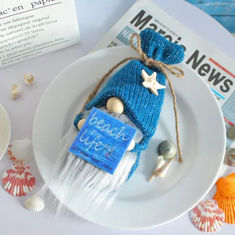 Ocean Festival Rudolf Gnome Doll With Knitted Hat Starfish Decor Wood Beach Life Sign Faceless Dwarf Desktop Ornament