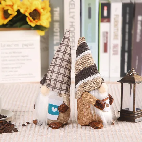 Coffee Gnomes Plush Set Faceless Rudolph Doll Gingham Striped Hat Stuffed Tomte Swedish Gnome Cafe Home Decor Tabletop Ornaments