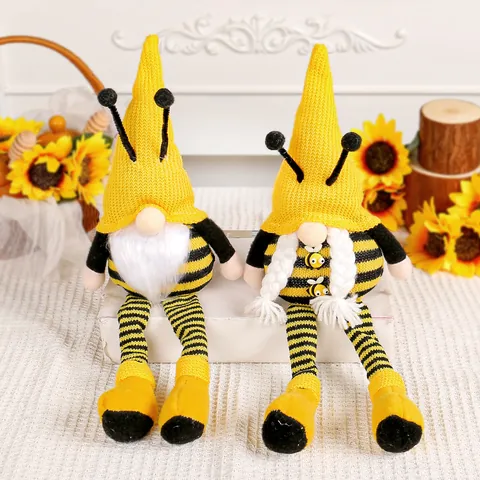 Muñeco de Peluche de Gnomo de Pierna Larga del Festival de Abejas Amarillo Negro a Rayas Hombre Sin Rostro Trenza Barba Gnomo para la Sala de Estar Decoración del Hogar Regalo del Día de la Abeja de Primavera
