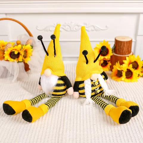 Muñeco de Peluche de Gnomo de Pierna Larga del Festival de Abejas Amarillo Negro a Rayas Hombre Sin Rostro Trenza Barba Gnomo para la Sala de Estar Decoración del Hogar Regalo del Día de la Abeja de Primavera