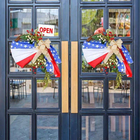 American Independence Day Wreath Rustic Burlap Bow Patriotic July Fourth Front Door Decoration Twig Base Red White Blue Stars Stripes Floral Wreath