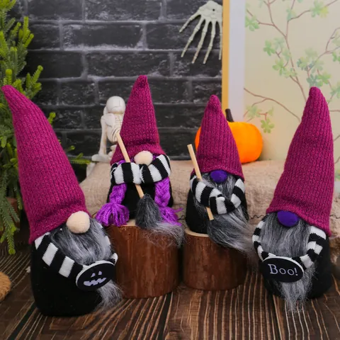 Halloween Gnome Decorations Purple Knitted Hat Faceless Doll With Witch Broom Pumpkin Boo Sign For Table Decor Party Favors Gift