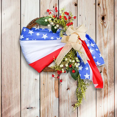 American Independence Day Wreath Rustic Burlap Bow Patriotic July Fourth Front Door Decoration Twig Base Red White Blue Stars Stripes Floral Wreath