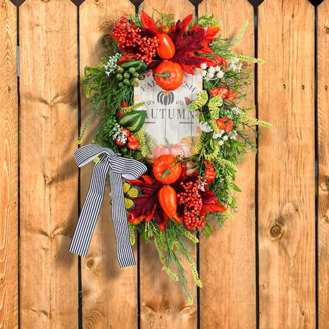 Harvest Festival Artificial Pumpkin Wreath With Autumn Farm Fresh Wood Sign Maple Leaves Berries Bow Thanksgiving Door Decor