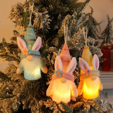Glowing Easter Bunny Gnome Faceless Doll LED Light Rabbit Ears Hanging Ornament For Festival Window Display Party Home Decor