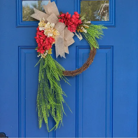 Farmhouse Rustic Artificial Wreath Red Hydrangea Green Fern Leaf Burlap Bow Door Hanging Wreath Home Wall Decor