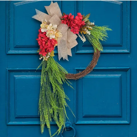 Farmhouse Rustic Artificial Wreath Red Hydrangea Green Fern Leaf Burlap Bow Door Hanging Wreath Home Wall Decor