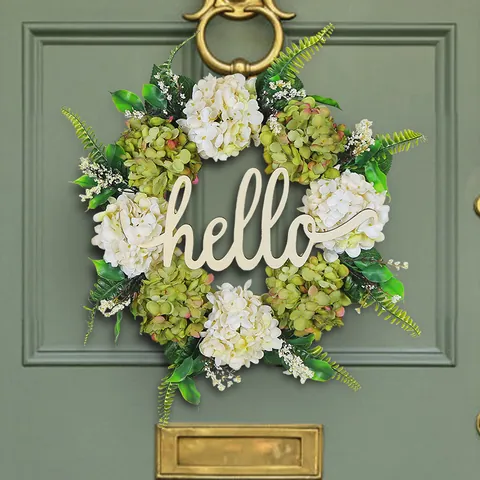 Artificial Hydrangea Wreath With Hello Wood Sign Green White Floral Front Door Hanging Wreath Decor For Home Window Display