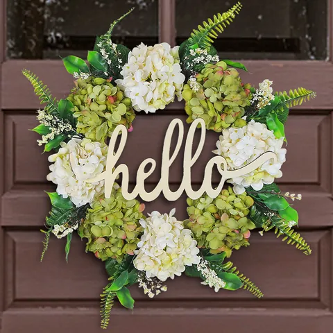 Artificial Hydrangea Wreath With Hello Wood Sign Green White Floral Front Door Hanging Wreath Decor For Home Window Display