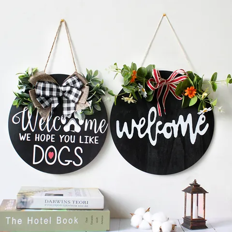 Round Wooden Welcome Sign Door Hanging Decor We Hope You Like Dogs Floral Wreath Wood Plate Farmhouse Porch Wall Decoration