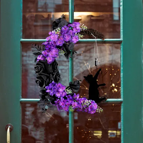 Halloween Simulation Schwarze Rose Kranz Sichelmond Katze Rattan Ring Home Decor Wandbehang Gotisch Lila Blumenkranz