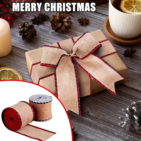 Christmas Burlap Ribbon With Plaid Edge Rustic Jute Decorative Ribbon For Gift Wrapping DIY Bow Bouquet Flower Wrapping