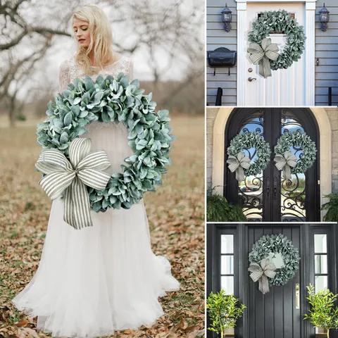 Farmhouse Artificial Lamb's Ear Wreath Striped Fabric Bow Flocked Eucalyptus Leaves Garland Front Door Wall Home Decor