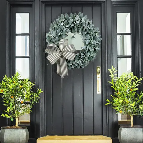 Artificial Flocked Lambs Ear Wreath with Striped Bowknot Eucalyptus Greenery Leaf Round Wreath for Front Door Home Wedding Party Wall Decor