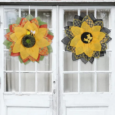 Couronne de Tournesols Artificiels Rustique Plaid Abeille Ornement pour Jour de l'Abeille Pâques Festival Maison Porte Mur Décor