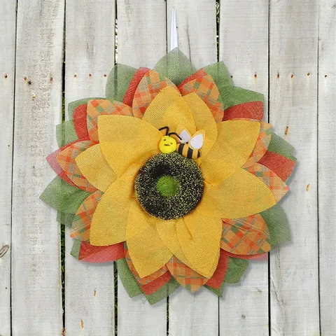 Couronne de Tournesols Artificiels Rustique Plaid Abeille Ornement pour Jour de l'Abeille Pâques Festival Maison Porte Mur Décor