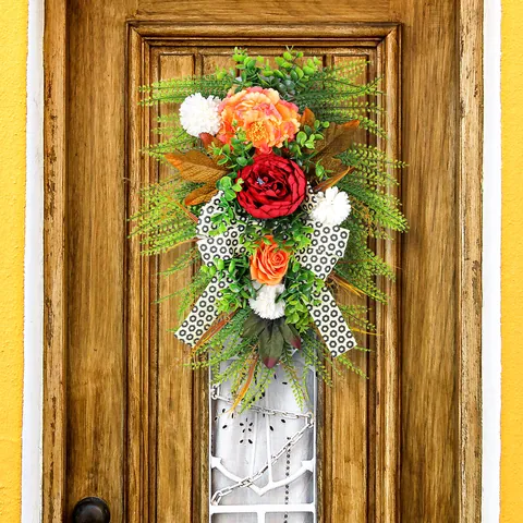 Artificial Fall Harvest Festival Wreath Leopard Print Bow Peony Rose Door Hanging Autumn Swag For Front Door Home Decoration