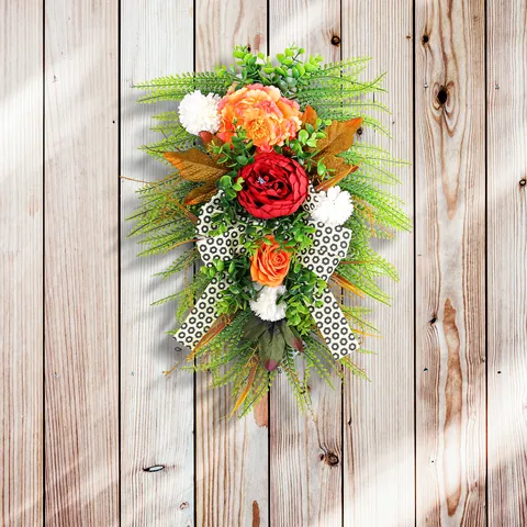 Artificial Fall Harvest Festival Wreath Leopard Print Bow Peony Rose Door Hanging Autumn Swag For Front Door Home Decoration