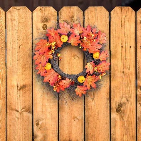 Artificial Harvest Pumpkin Maple Leaf Wreath Autumn Color Thanksgiving Decoration Wall Door Hanging Vine Ring Farmhouse Decor