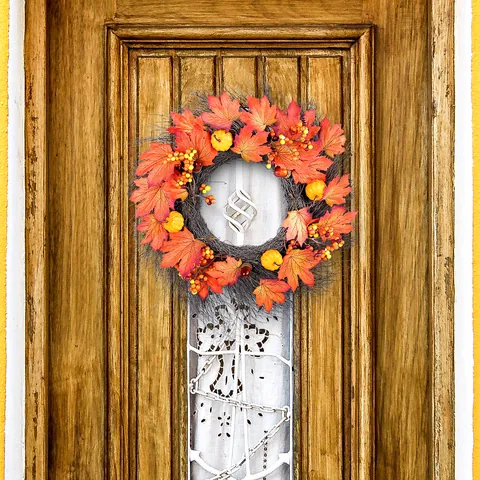 Artificial Harvest Pumpkin Maple Leaf Wreath Autumn Color Thanksgiving Decoration Wall Door Hanging Vine Ring Farmhouse Decor