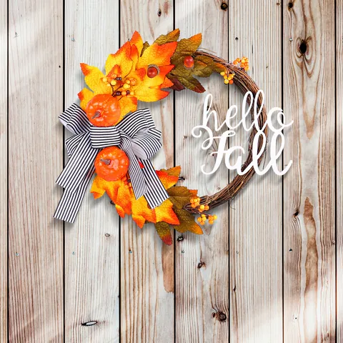 Artificial Fall Wreath For Front Door Decoration Maple Leaf Pumpkin Hello Fall Sign Twig Grapevine Thanksgiving Wreath