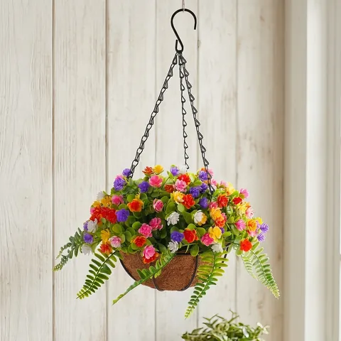 Artificial Hanging Flower Basket With Coco Coir Liner Metal Chain Pastoral Style Multicolor Fake Flowers For Outdoor Home Garden Porch Wall Decor