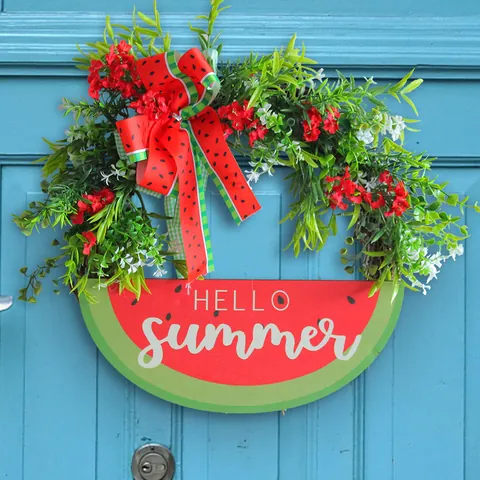Summer Watermelon Wreath Artificial Greenery Red Flower Decor With Hello Summer Wood Sign Door Wall Hanging Decor