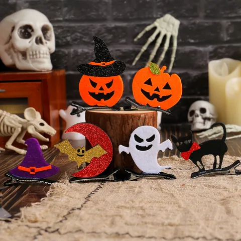 Halloween Kids Hair Clips Felt Pumpkin Ghost Bat Black Cat Glitter Hair Pins For Girls Halloween Party Dress Up Accessories Gift