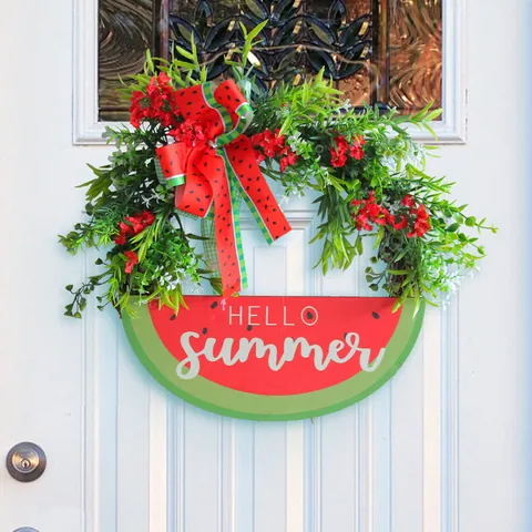 Summer Watermelon Wreath Artificial Greenery Red Flower Decor With Hello Summer Wood Sign Door Wall Hanging Decor